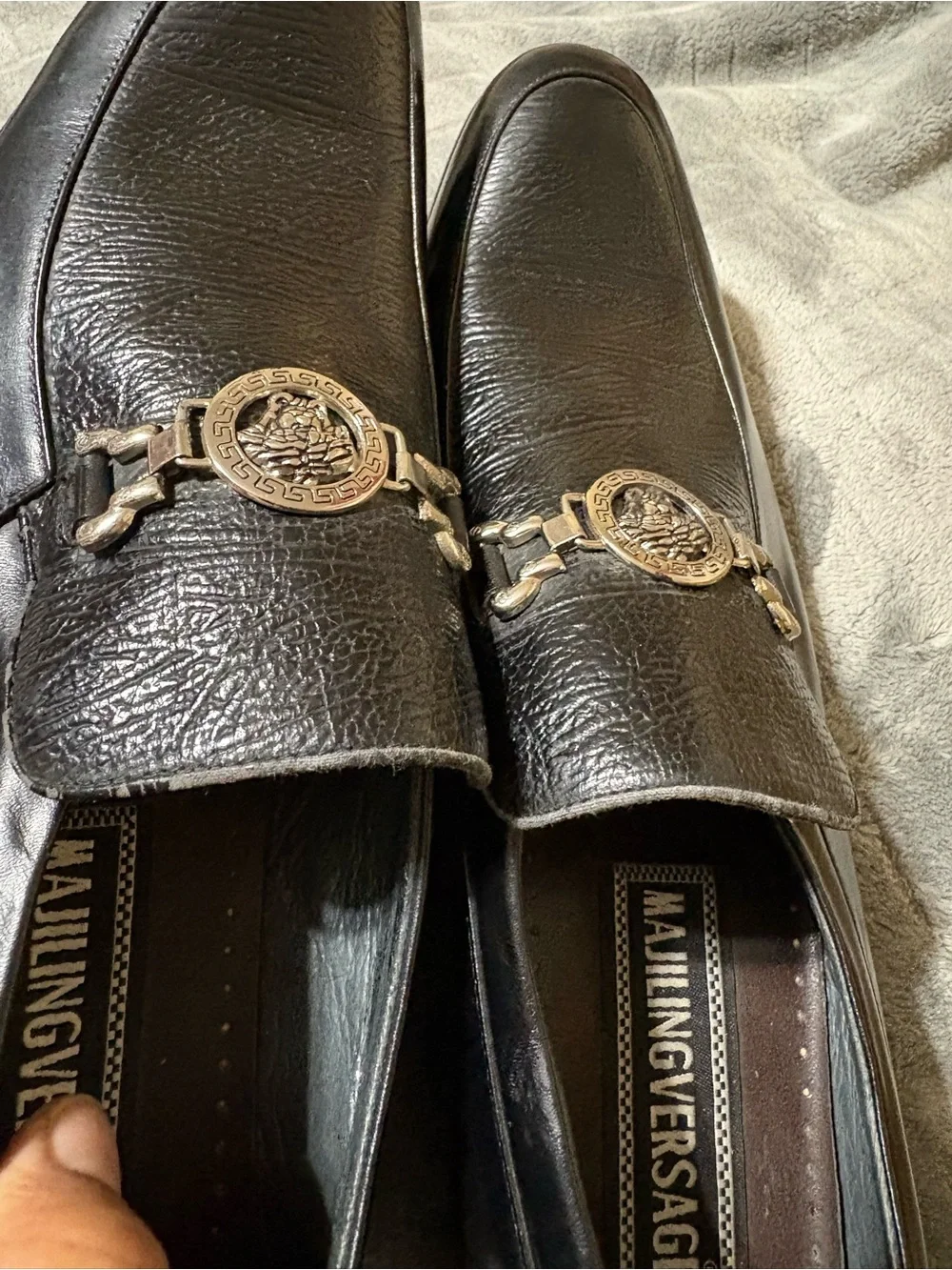 Majiling Versace Men's Black Leather Slip-On Loafers with Silver Bit Accent